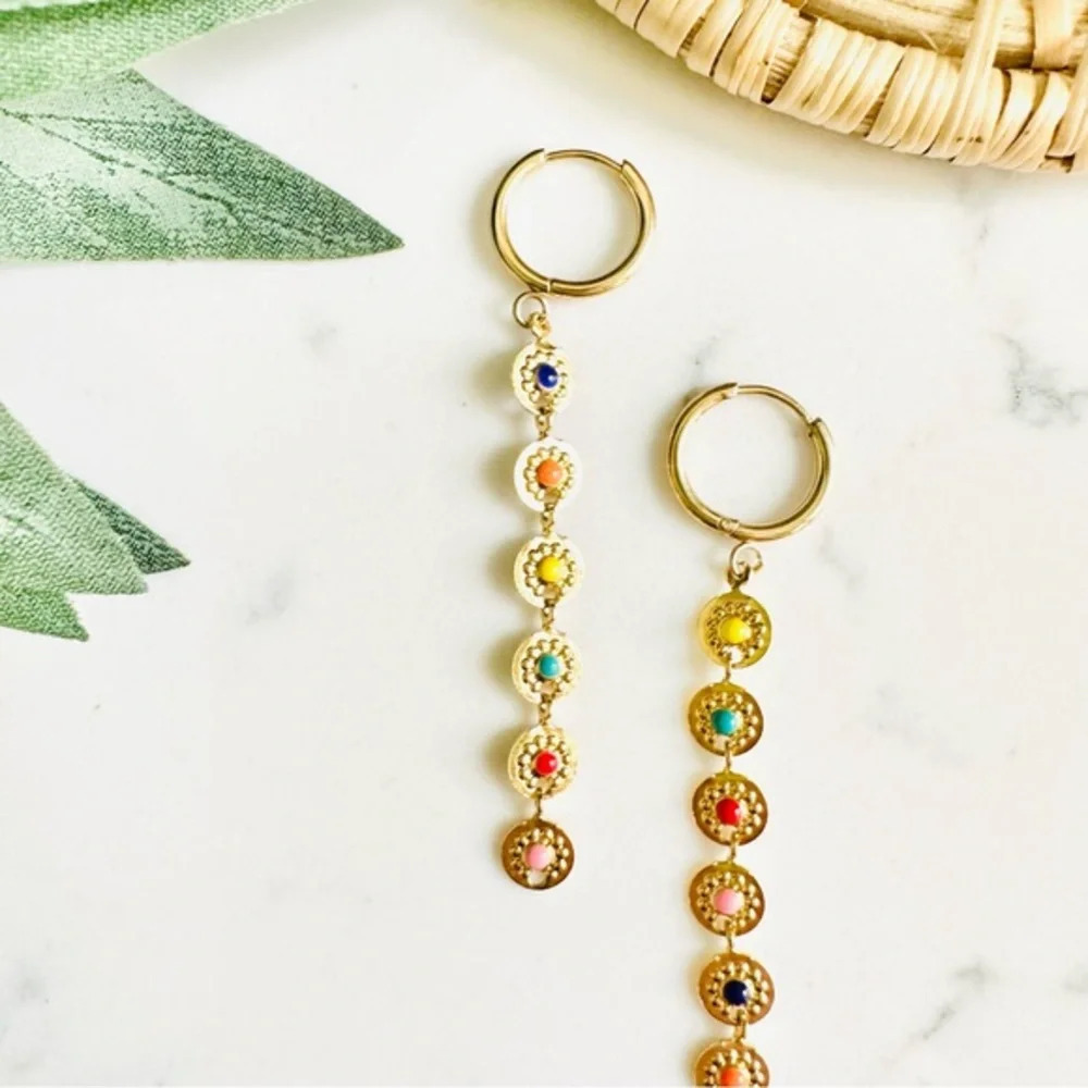2/$30šµ Delicate Gold Disc Colorful Dot Earrings Dangle Bohemian Hippie Boho NEW - Picture 4 of 6
